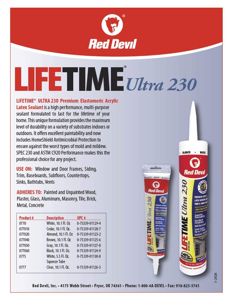 Red Devil 0770 Lifetime Ultra 230 Premium Elastomeric Acrylic Latex Sealant, 10.1 oz, White Pack of 1