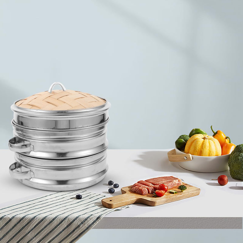 IMIKEYA Bamboo Steamer Basket, 7-Inch, 2-Tier Dumpling Steamer Basket with Lid Home Kitchen Vegetables Steam Pot for Dim Sum, Bao Buns, Dumplings, Asian Food, Rice