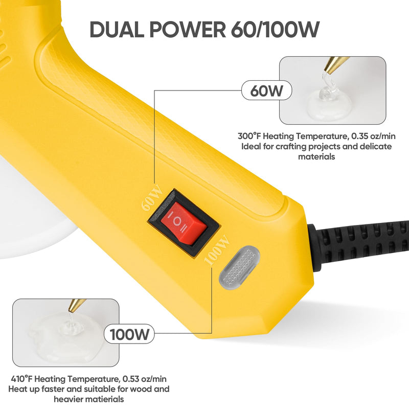 ROMECH 60/100W Dual Temp Hot Glue Gun and Sticks Set, Full Size with Case Yellow