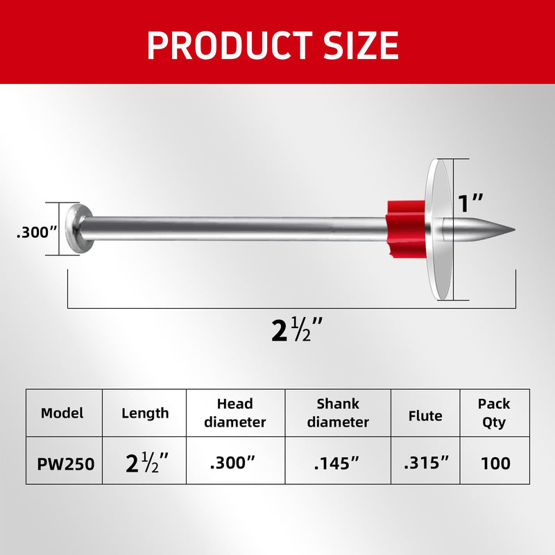 2-1/2" Powder Actuated Fasteners with 1" Washer .300 Head .145" Shank for Powder Fastening & Power Framing systems, 100 Pack Washered