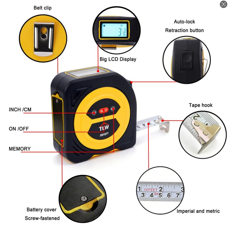 TLW Digital Tape Measure 16ft/5m, 25mm Wide Blade Retractable Measuring Tape with Easy Read LCD Screen, 9 Data Memory, 2-in-1 Auto Lock Metric and Imperial Units