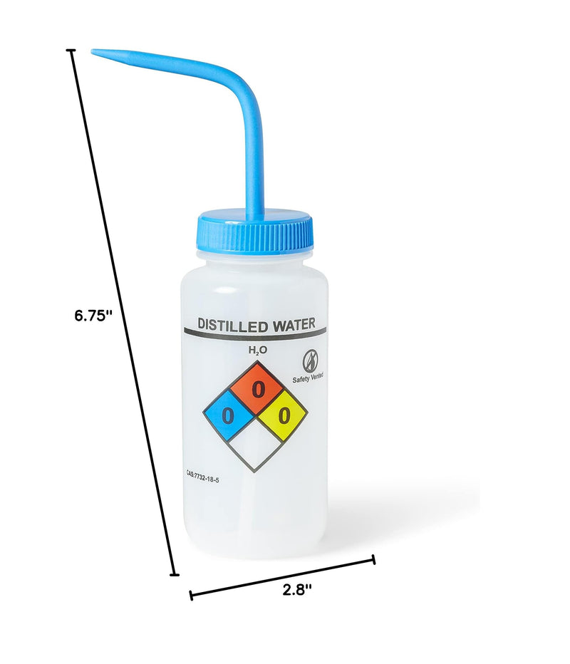 United Scientific™ UniSafe™ Laboratory Grade Wide Mouth LDPE Vented Chemical Wash Bottle, Distilled Water, 500mL (16oz), 4-Color, Pack of 6