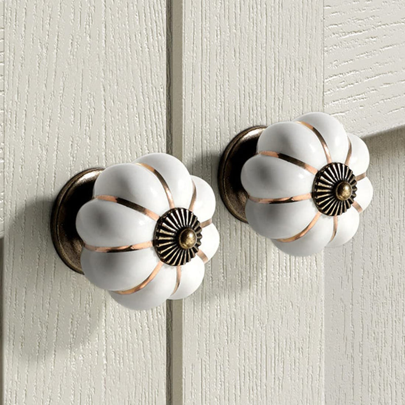 10 Pcs Vintage Ceramic Pumpkin Cabinet Knobs, Kitchen Cabinet Drawers Dresser Cupboard Pull Handles Door Pulls with 3 Kinds of Screws(White)