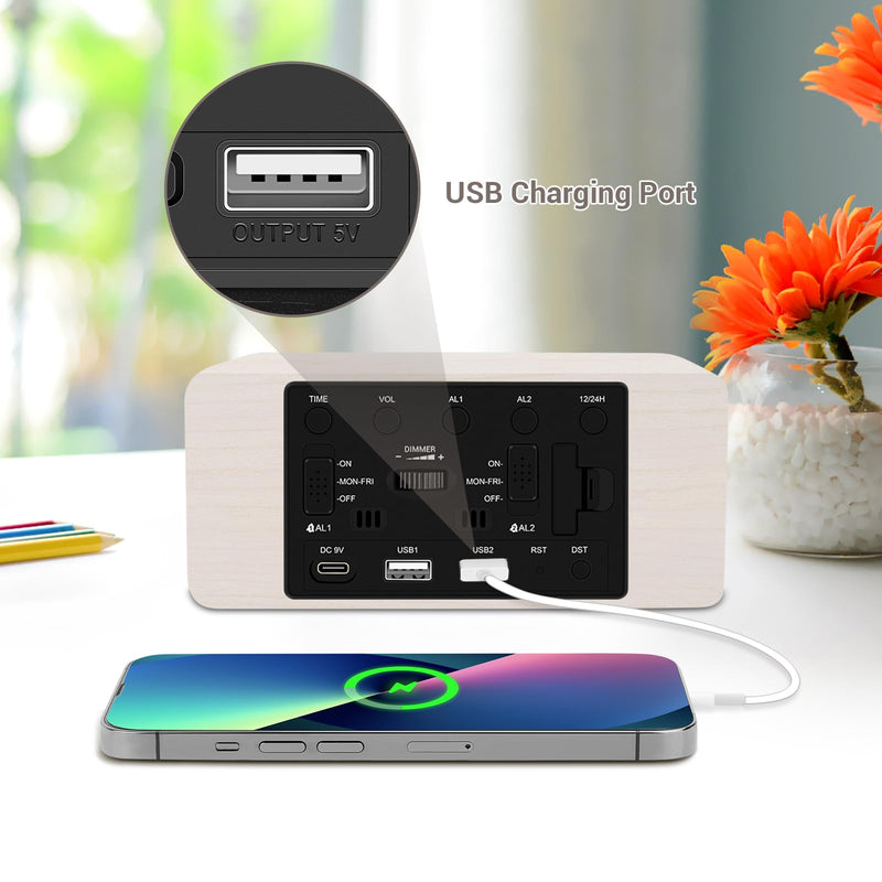 Wooden Digital Alarm Clock, 10W Fast Wireless Charger Station & 2 USB Charging Ports, with 0~99% Dimmer, Dual Alarm, Weekday/Weekend Mode, Wood LED Clock for Bedroom, Desk, Office White