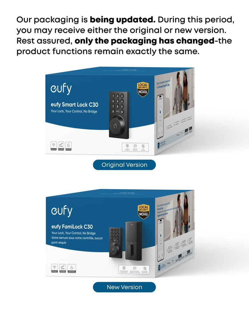 eufy Security Smart Lock C30, Keyless Entry Door Lock, Built-in WiFi Keypad Deadbolt for Front Door, No Bridge Required, Easy Installation, App Remote Control, Reliable Power, BHMA Grade 3 Contemporary Black