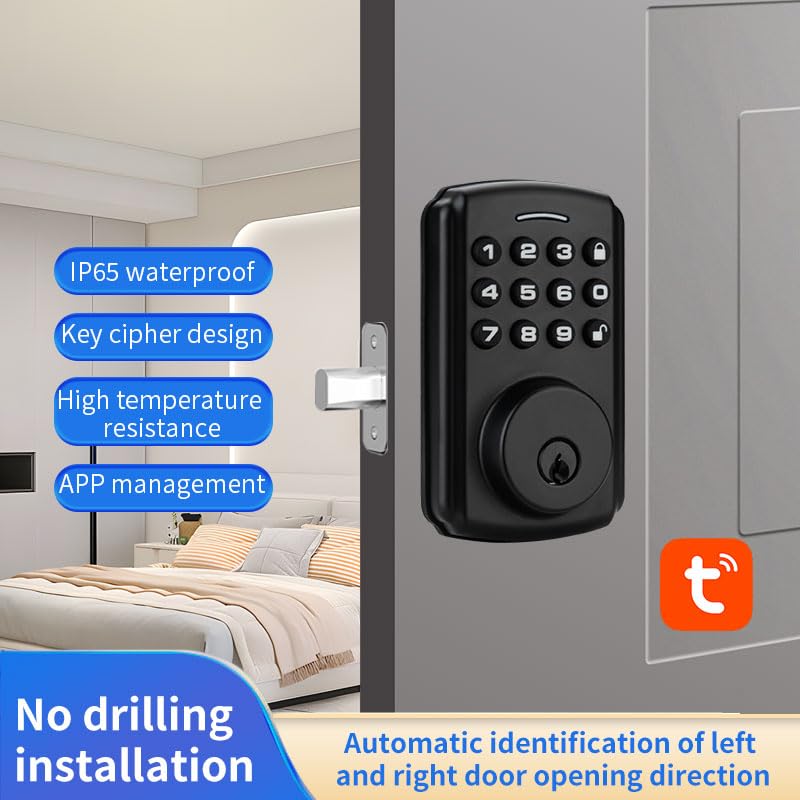 Security Lock Deadbolt, Black Suede Keyed Smart Entry Door Lock with Bluetooth Connected Keypad for Code Entry and Remote Access, DS04-TUYA