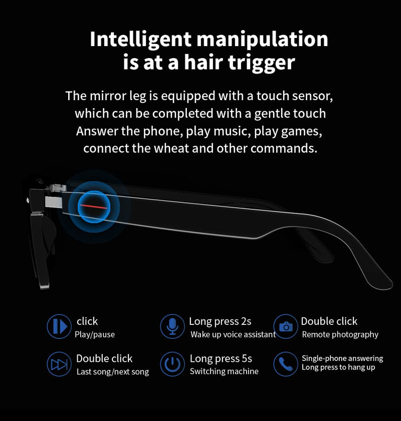 IVY TWS Smart Bluetooth Audio Glasses - Blue Light Blocking & Sunglasses Lens kits for Office Outdoor Sports Drive - Smart Glasses for Men & Women - Black Frame