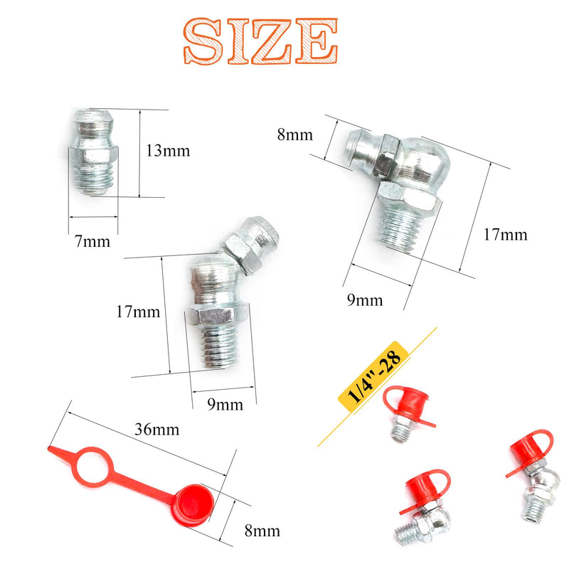 30Pcs 1/4"-28 Straight 45 90 Degree Grease Fitting Assortment Kit with Grease Zerk Fittings Caps, Galvanized Steel Hydraulic Grease Zerk for Industrial and Agricultural Machinery Cars Ships ets 1/4"-28-30 Pcs