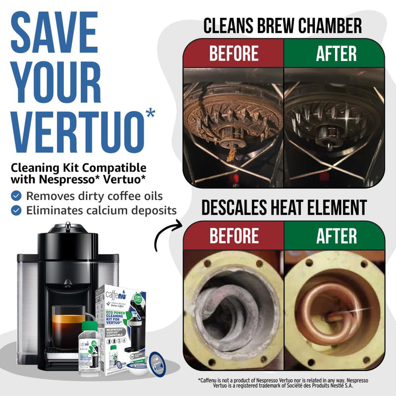 Caffenu Descaling Kit Compatible with Nespresso Vertuo, 2 Uses Descaling Solution and 6 Cleaner Pods. Removes Limescale & Cleans Pod Area. Better Tasting & Hotter Coffee. 4 Months Supply.