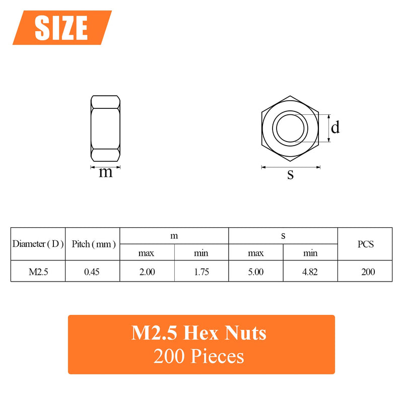 200 Pieces M2.5 Hex Nuts, Stainless Steel (304) 18-8 Nuts for Screws Bolts