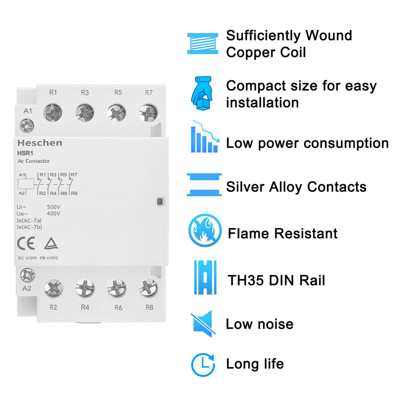 Heschen Household AC Contactor HSR1-63 4 Pole Four Normally Closed 220V/240V Coil Voltage 35mm DIN Rail Mount