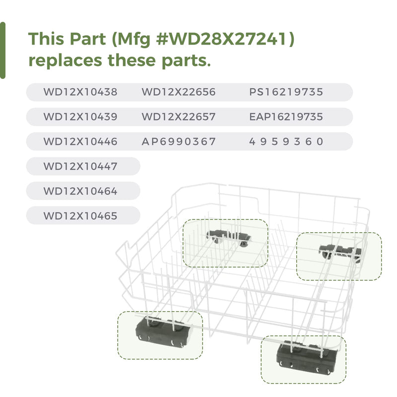 WD28X27241 Dishwasher Rack Carrier and Roller Kit Compatible GE Dishwasher Lower Rack Wheels Assembly, Fits L and R Side. Exact Fit Replaces WD12X28078 WD12X10438 WD12X10439 WD12X10446 1PCS 1