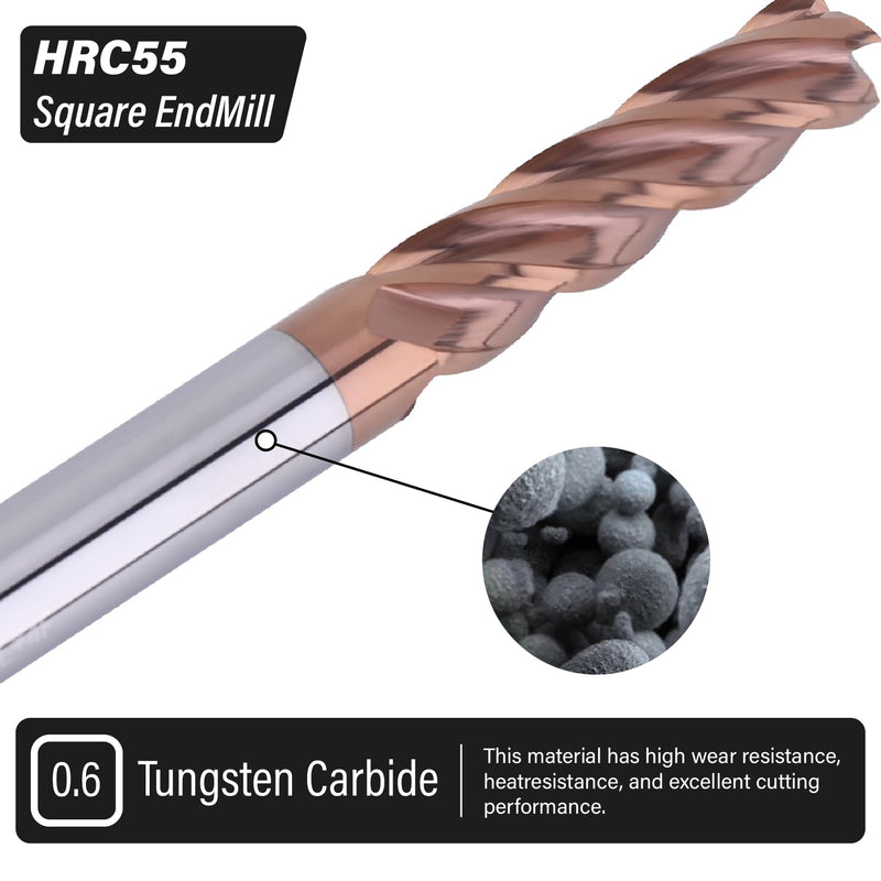 1/4" Carbide Square End Mills Set 4 Flute HRC55 TISIN Coating End Milling Bits for Milling Alloy Steels, Hardened Steel (3PCS) 3 1/4 in