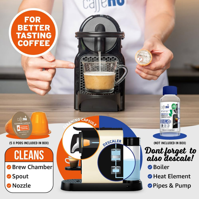 Caffenu Nespresso Compatible Cleaning Pods. 5 Cleaner Capsules. Improved Coffee Flavor. For Nespresso Originaline, Use with Descaling Kit. 5 Count (Pack of 1)