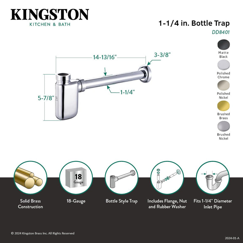 Kingston Brass DD8401 Fauceture Euro Bottle-Trap 12-Inch Vessel Sink Drain, Chrome Polished Chrome