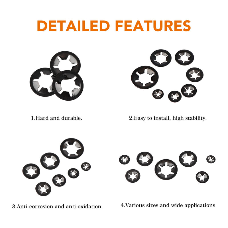 350Pcs Internal Tooth Star Lock Washers M3/M4/M5/M6/M8/M10/M12 Push On Speed Clips Fasteners Assortment Kit (Black) Black