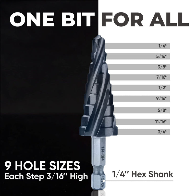 toolant Four Spiral Flute Cobalt Step Drill Bit(Pro), 1/4"-3/4" Impact Ready Unibit Step Drill Bit, 1/4" Hex Shank Step Bits for Metal, Stainless Steel, Aluminum, Plastic 1/4" - 3/4"