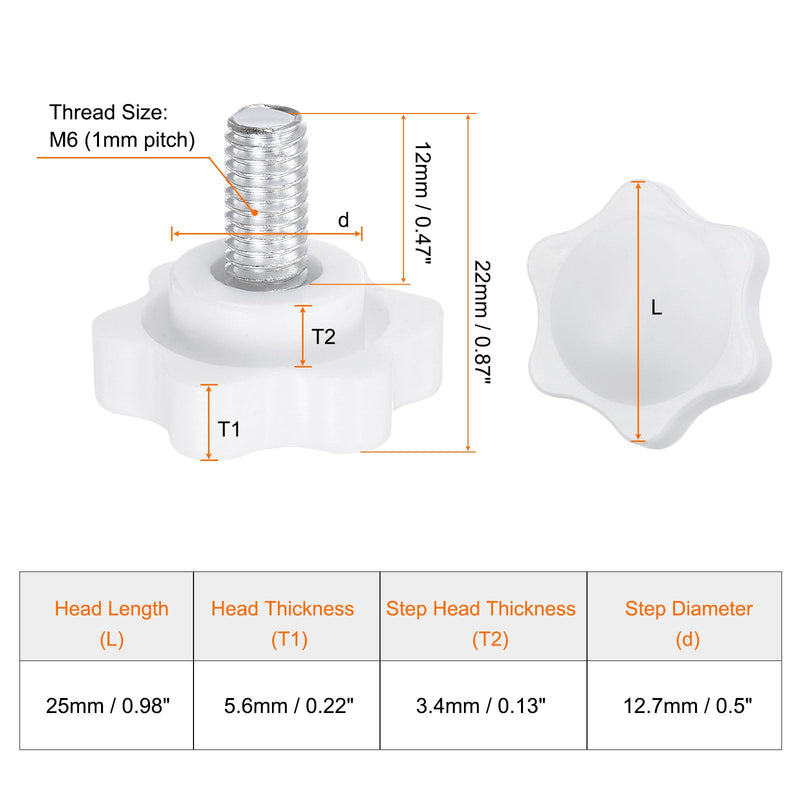 HARFINGTON 10pcs Star Knobs M6 x 12mm Male Thread 25mm Plastic 6-Point Head Stud Knob Hand Tightening Clamping Screw Replacement Threaded Handle, White