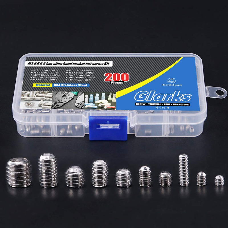 Glarks 200-Piece M3 4 5 6 8 Hex Allen Head Socket Set Screw Assortment Kit (304 Stainless Steel)