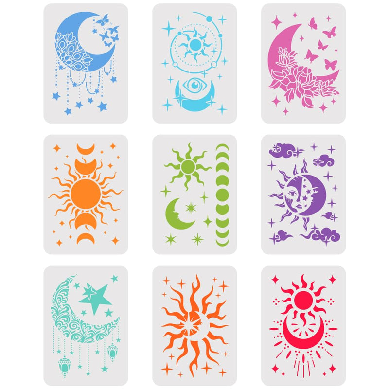 INFUNLY 9PCS/Set Sun Moon Wall Stencils for Painting 12x8 Mandala Tile Stencil Large Flower Star Concrete Floor Stencils Reusable Drawing Template for Painting Wood Canvas Furniture Patio Home Decor Star Moon Stencil
