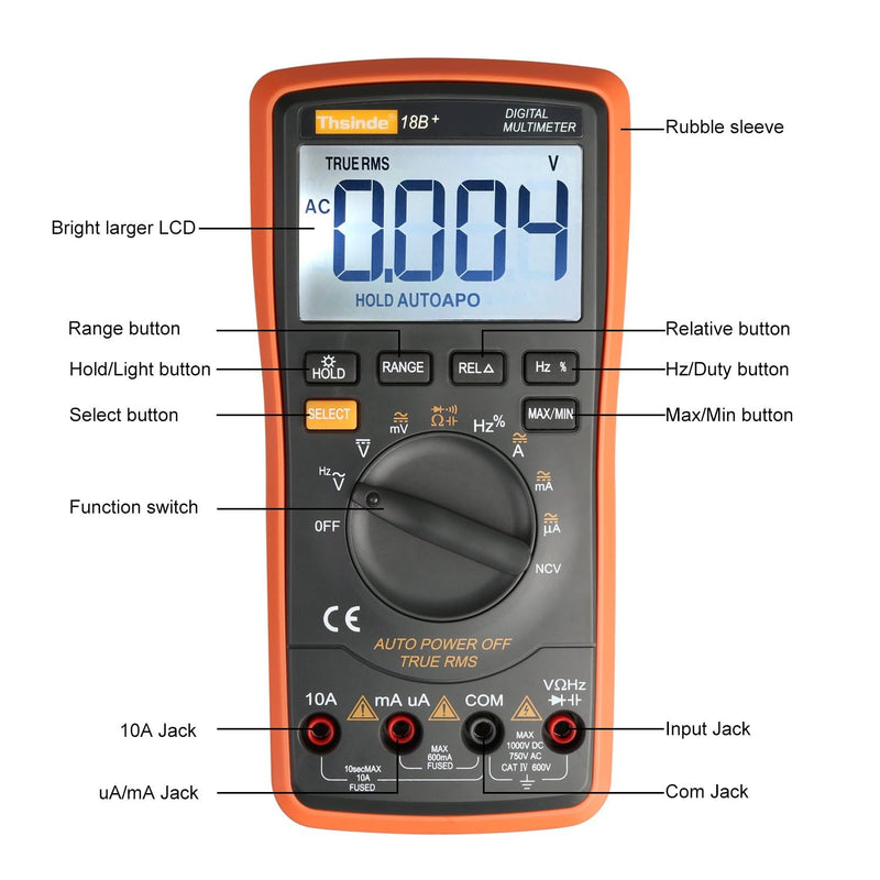 Auto Ranging Digital Multimeter TRMS 6000 with Battery Alligator Clips Test Leads AC/DC Voltage/Account,Voltage Alert, Amp/Ohm/Volt Multi Tester/Diode Orange