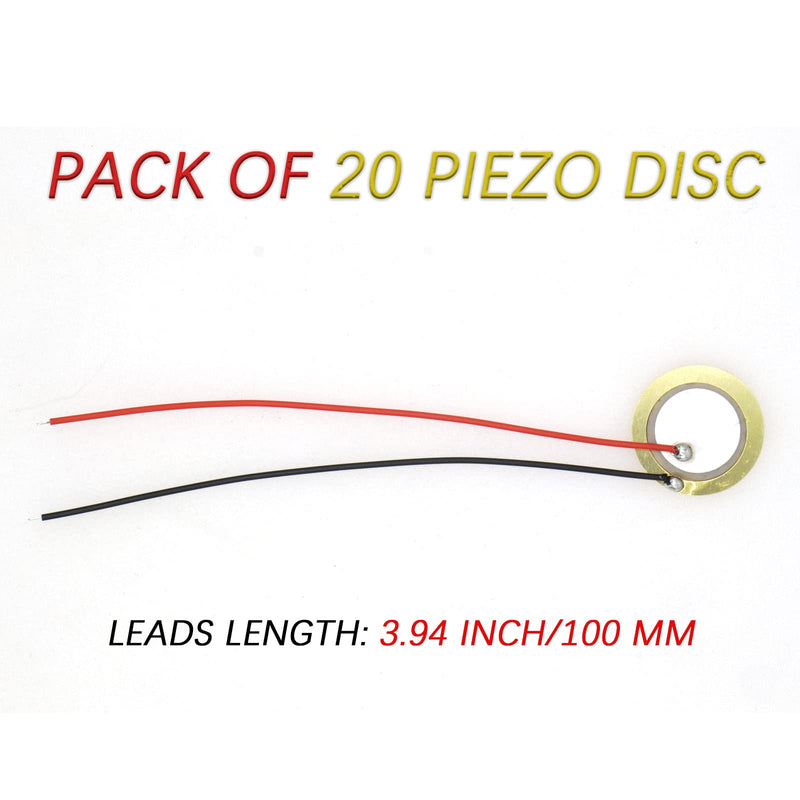 Pack of 20 Piezo Disc, 20mm Piezo Discs Transducer with 3.94inch Leads, Acoustic Contact Microphone Piezo Pickup, Piezo Elements for Drum Triggers Microphone Trigger Element CBG Guitar