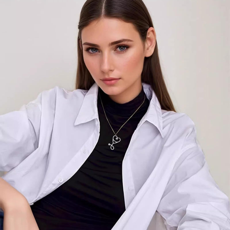 Stethoscope Pendant Necklace Angel Nursing Themed Graduation Gifts Medical Jewelry for Doctor Nurse Medical Student RN Silver