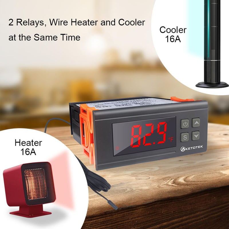 KETOTEK Digital Temperature Controller Fahrenheit &Centigrade Thermostat 120V 16A Relay with Sensor, Heating and Cooling for Homebrew Incubator Greenhouse Output: 16A