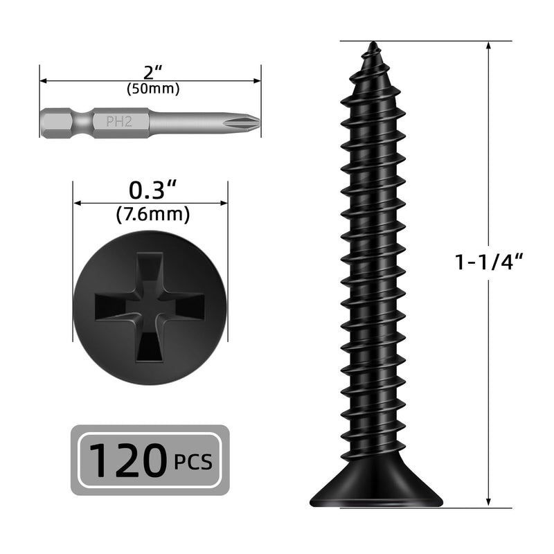 #8 x 1-1/4" 120 PCS Flat Head Sheet Metal Screws, Phillips Drive Self Tapping Screws, Stainless Steel Countersunk Head Wood Screws, Black Coating #8 x 1-1/4"