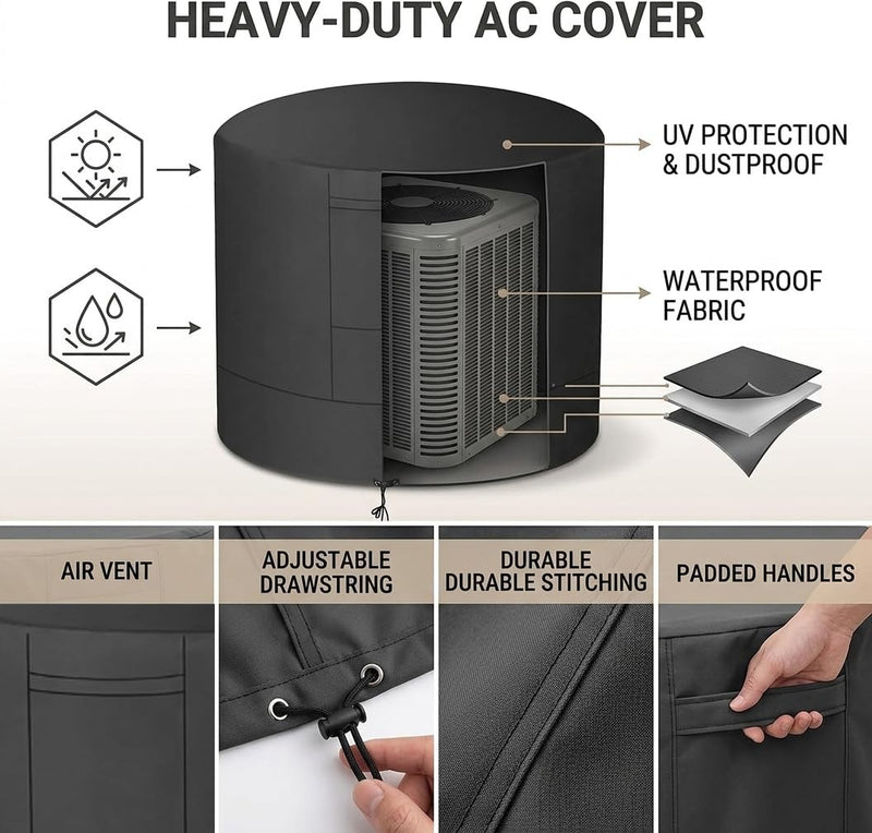 Winter Air Conditioner Covers for Outside Units - 34 x 34 x 30 inches Water Resistant AC Unit Covers Outdoor - American Standard Furniture Universal Cover (Round) - Black Round - 34”D x 30”H