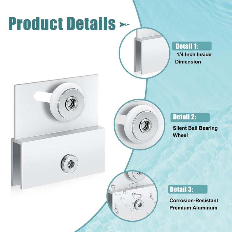 (4-Pack) M 6054 Frameless Shower Door Rollers Top Bracket Assembly - 3/4" Round Plastic Wheel with Ball Bearings, Extruded Aluminum Chrome Finish - Replacement Hardware Kits for Glass Sliding Doors