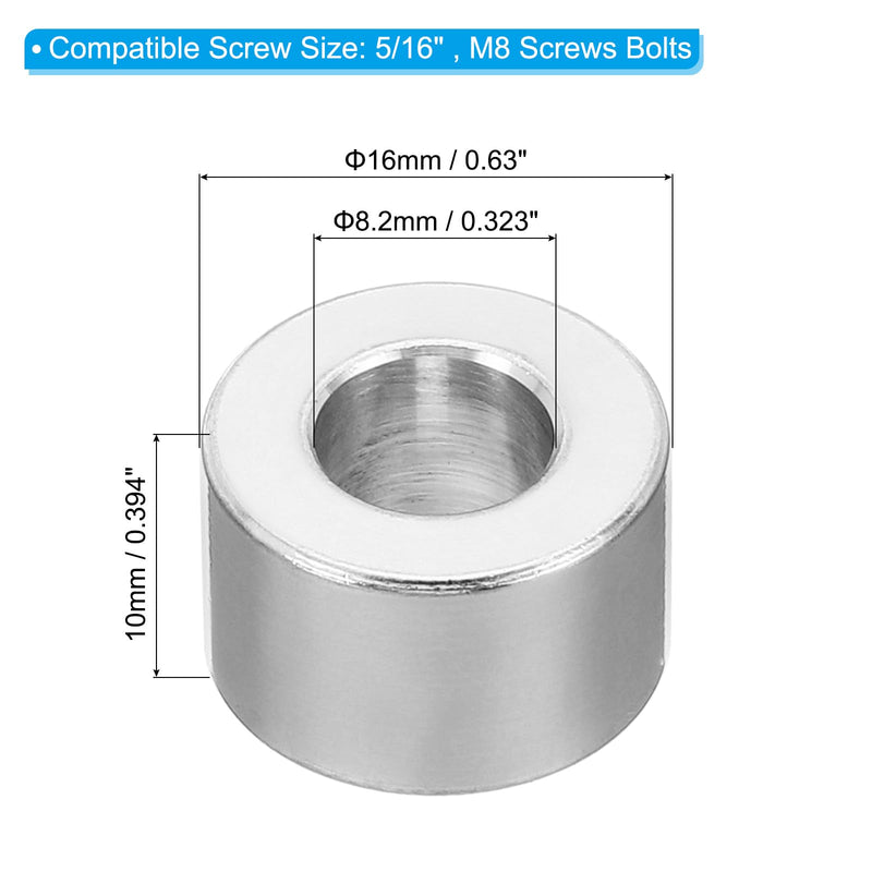 PATIKIL M8 Aluminum Spacers,5Pcs Metal Spacer Aluminum Round 8.2mm ID x 16mm OD x 10mm L Thickness Aluminum Spacer Screw Standoff for 5/16" or M8 Screw Bolts 8.2x16x10mm