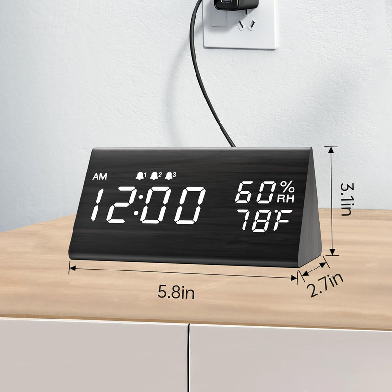 Digital Alarm Clock, with Wooden Electronic LED Time Display, 3 Alarm Settings, Humidity & Temperature Detect, Wood Made Electric Clocks for Bedroom, Bedside (Black) Black