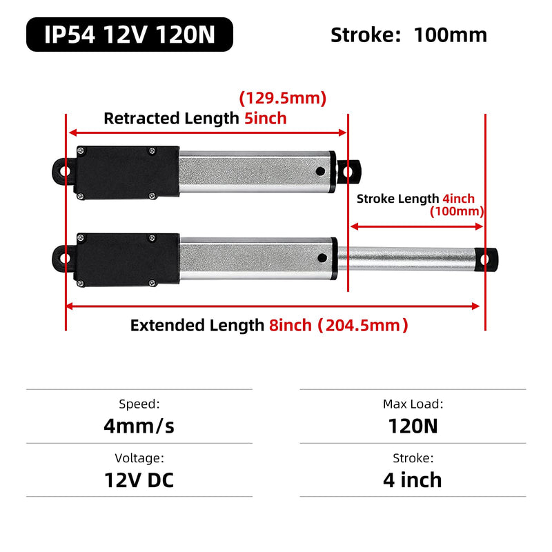 100mm 120N Mini Electric Linear Actuator 4 Inch Linear Motion Actuator 12V Actuators with Brackets for Cabinets, Robotics, Home Automation, Window Opener