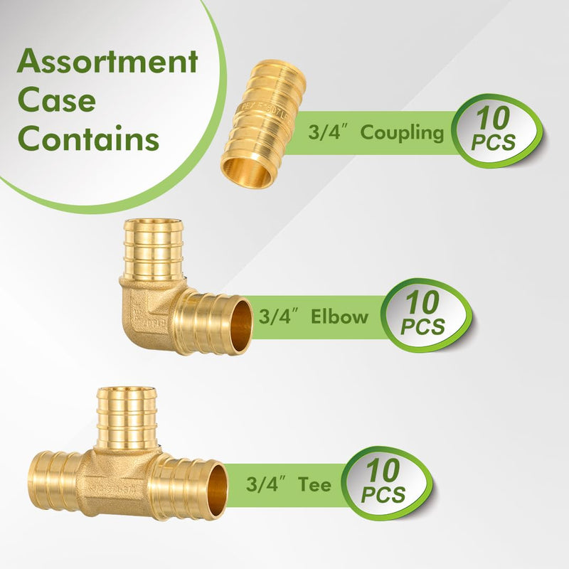 30 PACK ORIANSE 3/4 Inch Pex Combo Fittings Set, 10 Each Elbow Tee Coupling, For Pex-B Pipe with Stainless Steel Cinch Clamp or Copper Ring Connection, No Lead Brass, ASTM F1807 3/4" Pex Coupling,Elbow,Tee 10 Each Pack