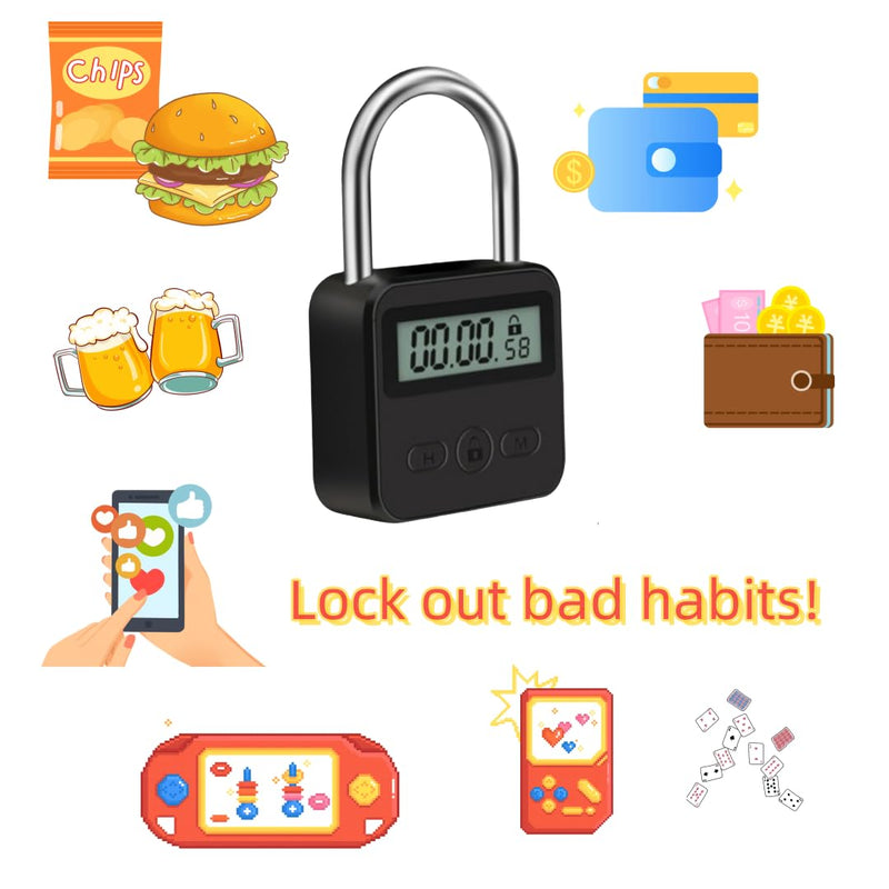 Metal Timer Lock - Electronic Time Padlock 99 Hours Max Timing with Electronic LCD Timed Display - USB Rechargeable (Black) Black
