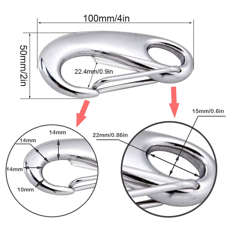 Abimars 4 inch Heavy Duty Rope Connector Spring Snap Hook, Large 316 Stainless Steel Boat Hooks, Load Capacity 1000lbs, Marine Grade Anchor Clips for Rope (2 Pack)