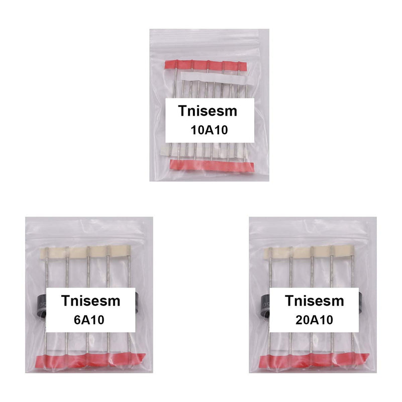 Tnisesm 20 Pcs 6A10, 10A10, 20A10 Rectifier Diode Kit 1000 Volt Electronic Silicon Diodes 6A10-10A10-20A10