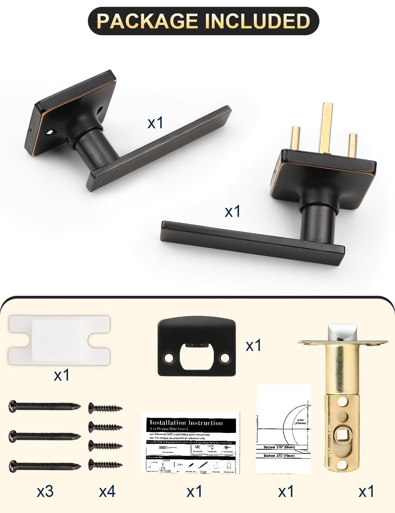 Mengico 2 Pack Passage Door Levers Oil Rubbed Bronze Finish, No-Locking Keyless Square Door Knob, Interior Door Handles for Closet and Hallway, Reversible for Left & Right Handed Passage Function - Keyless