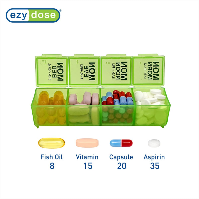 Ezy Dose Weekly (7-Day) Pill Organizer, Vitamin and Medicine Box, Large Pop-Out Compartments, 4 Times a Day, Green