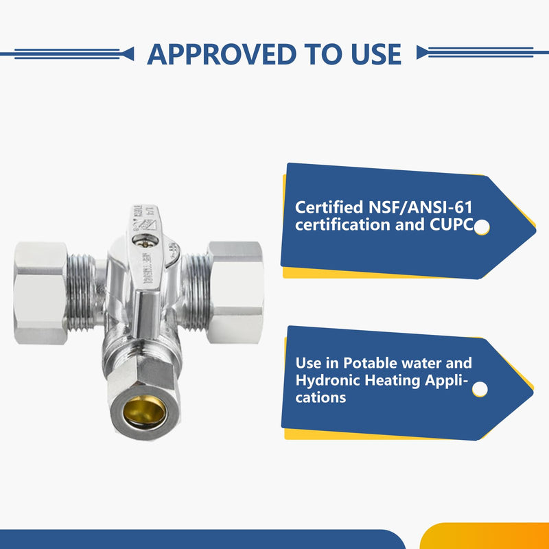 5PACK GUOFIS Dual 1/2"NOM(5/8"OD) X3/8"OD Comp Tee Stop Valve(VALVE247-5) 5 Compression