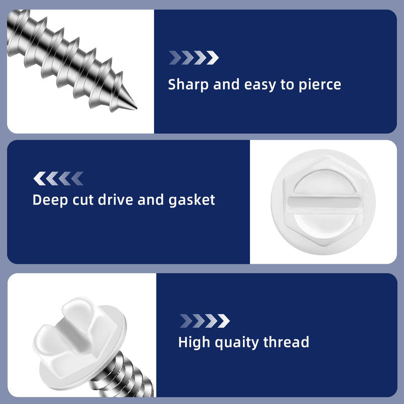 #8 x 3/4" White Painted Hex Washer Head Self Tapping Screws, Self Piercing Gutter Screws, Socket Bit Included, 100 PCS #8 x 3/4"