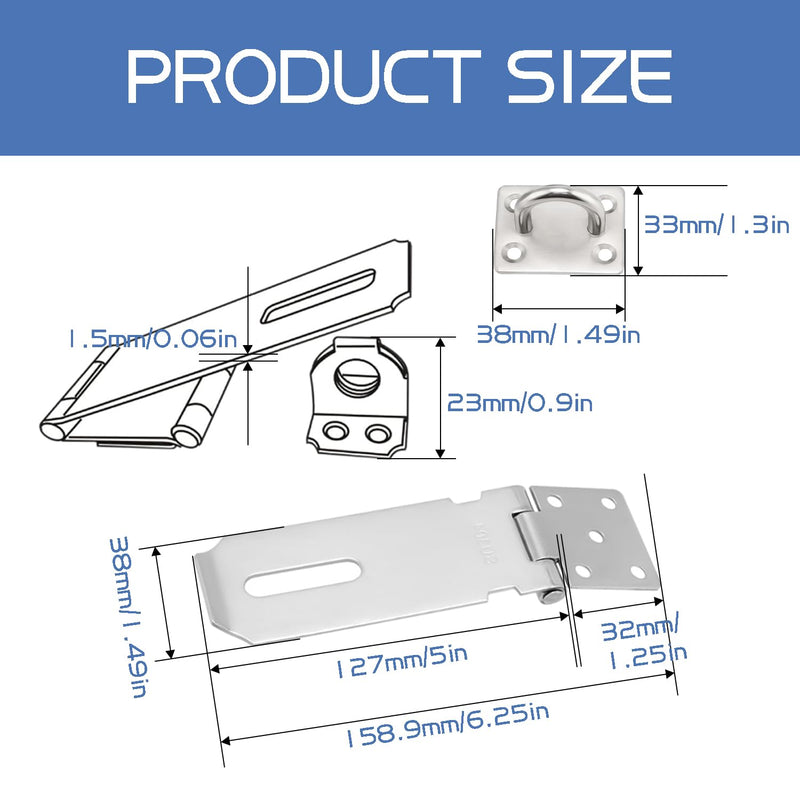 3PCS 5Inch Door Lock Hasp Latch Stainless Steel Safety Padlock Latches Hardware Extra Thick Hasp Lock Latch with Screws for Doors, Cabinets, Closets,.etc Silver