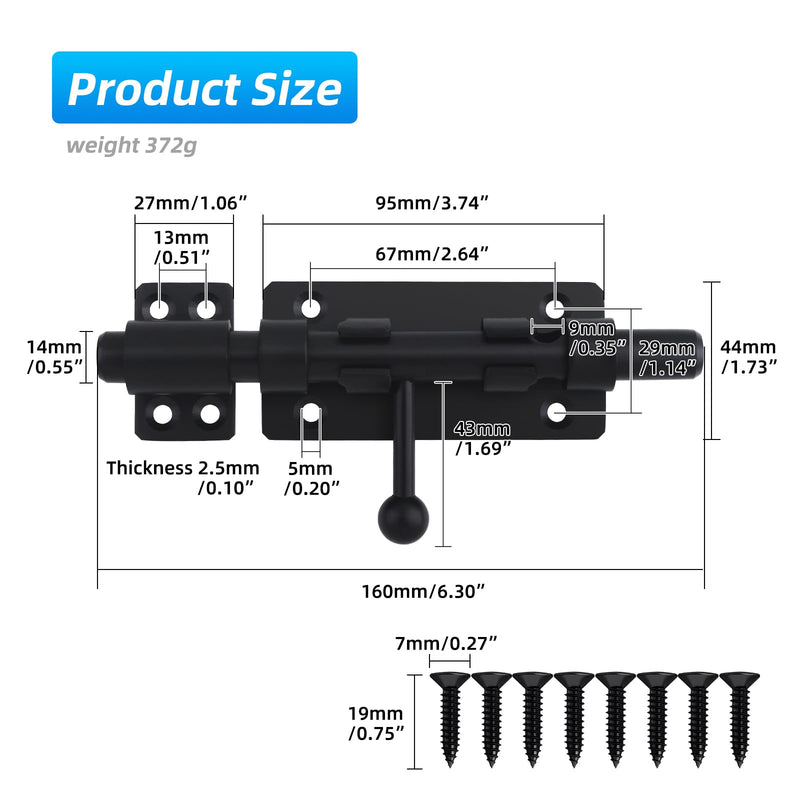 Barrel Bolt Latch, 6.3" Heavy Duty Gate Latch Slide Lock Solid 304 Stainless Steel Bolt Lock for Inside Door, Finished Shed Door Latch (2 Pack, Black) Black 6inch 2