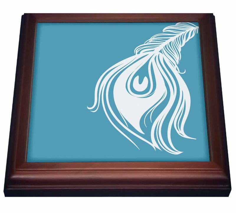 3dRose White and Teal Peacock Feather Trivet with Ceramic Tile, 8" x 8", Brown