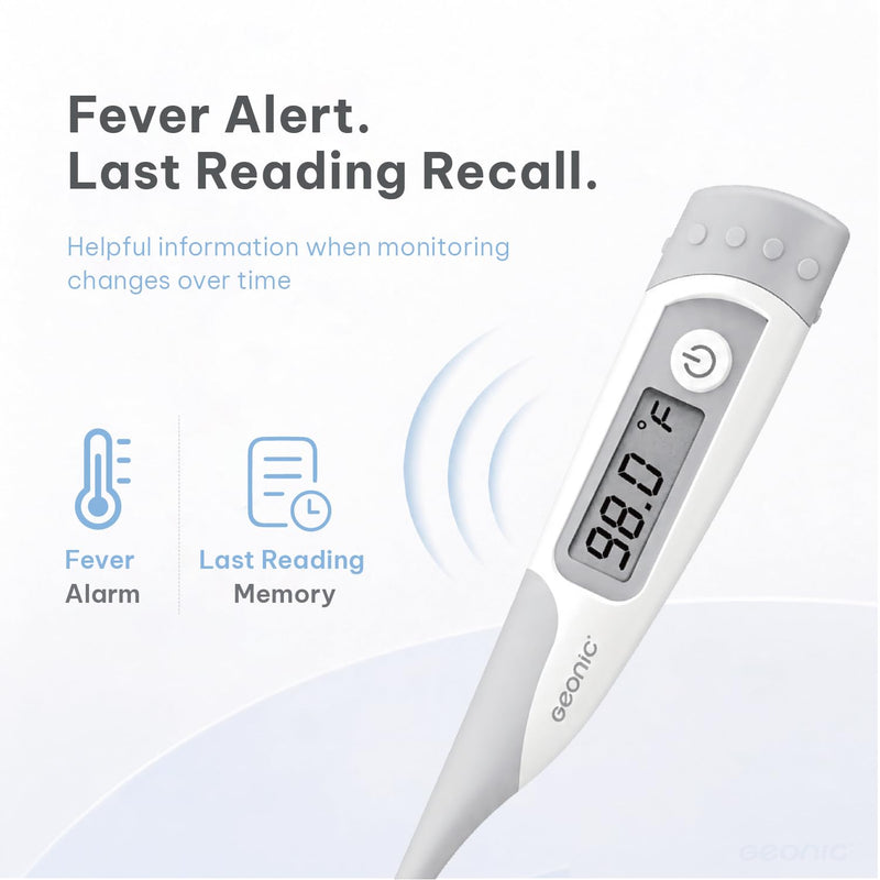Flexible Tip Digital Thermometer for Adults & Kids, Fast 10-Second Reading, Waterproof, 3-in-1 Oral Rectal Underarm Use, Fever Alarm, White