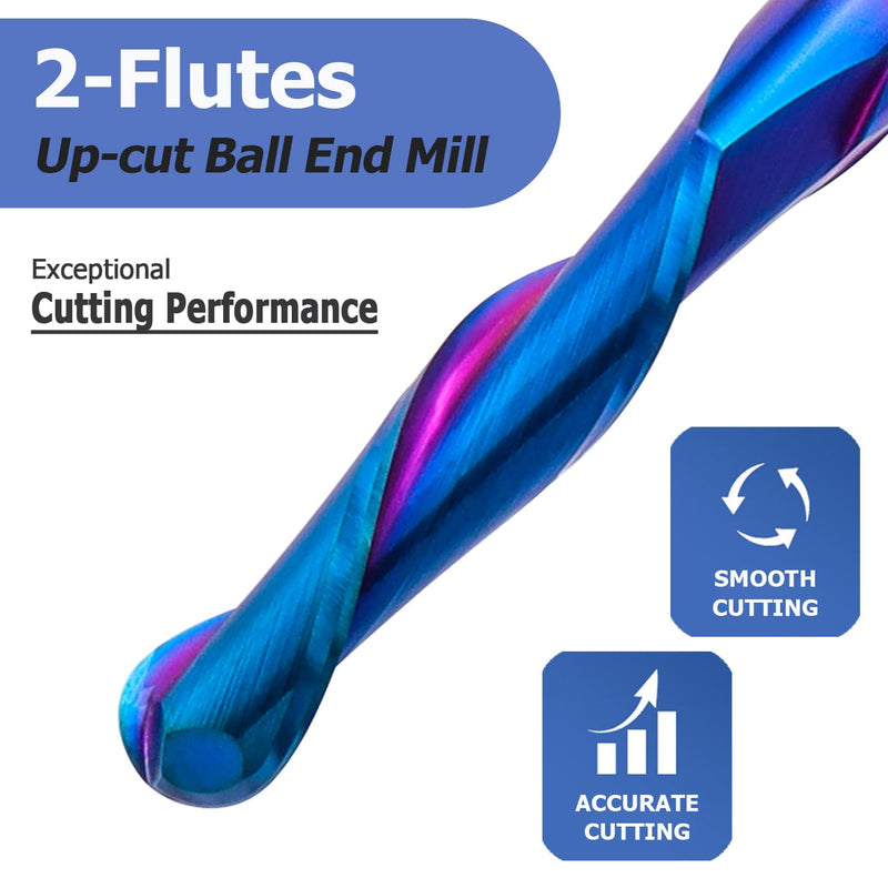 Mesee Ball Nose End Mill CNC Router Bit 1/4 Inch Shank Carbide Ball Nose Spiral Upcut Router Bit 1-1/8" Cutting Length Nano Blue Coating Ball End Milling Bit Woodworking Carving Tool, 1/4" Cutting Dia