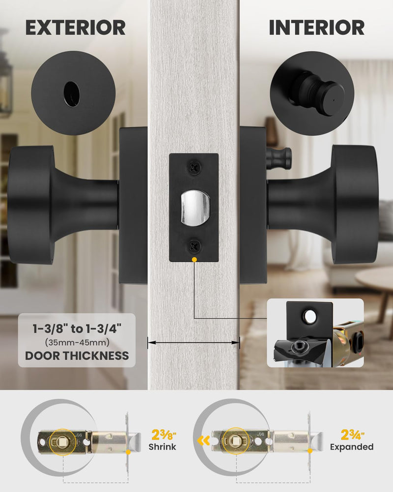 Goldenwarm Matte Black Privacy Door Knob for Interior Doors, Zinc Alloy Black Door Knob Interior for Bedroom & Bathroom, Keyless Lock with Emergency Release, Adjustable & Reversible - 1 Pack