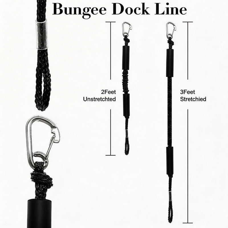 2FT Black Bungee Dock Lines for Boats, 2 Pc Heavy Duty Shock Absorbing Boat Dock Lines with 316 Stainless Steel Clips, Marine Grade Elastic Mooring Rope for Jet Ski, PWC, Kayak, Small Boat Accessories