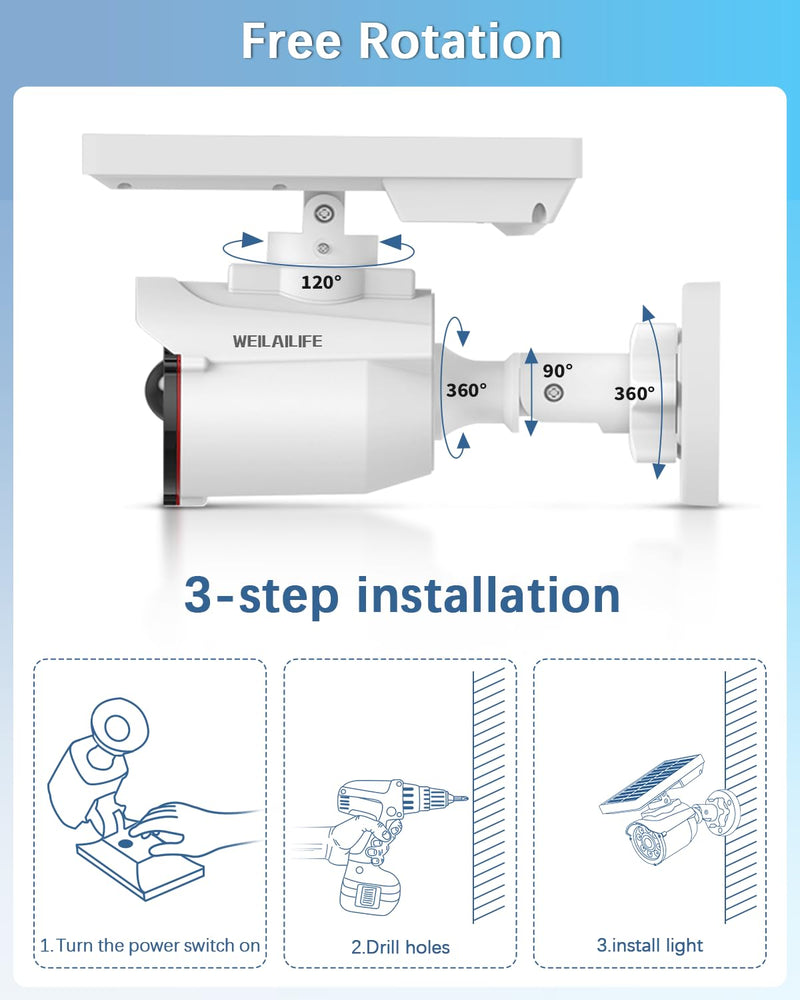 WEILAILIFE Outdoor Solar Motion Sensor Light Wireless Security Floodlight with LED Spotlights Fake Security Camera Waterproof 800 Lumen Bright Light(2 Pack) 2